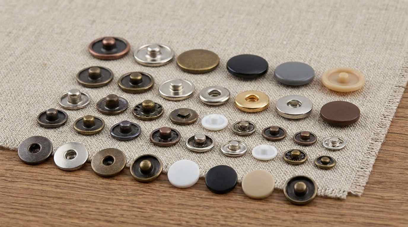 capped prong snap fasteners, Capped prong snap fasteners in multiple sizes, colors, and metal finishes are arranged on a light fabric surface.